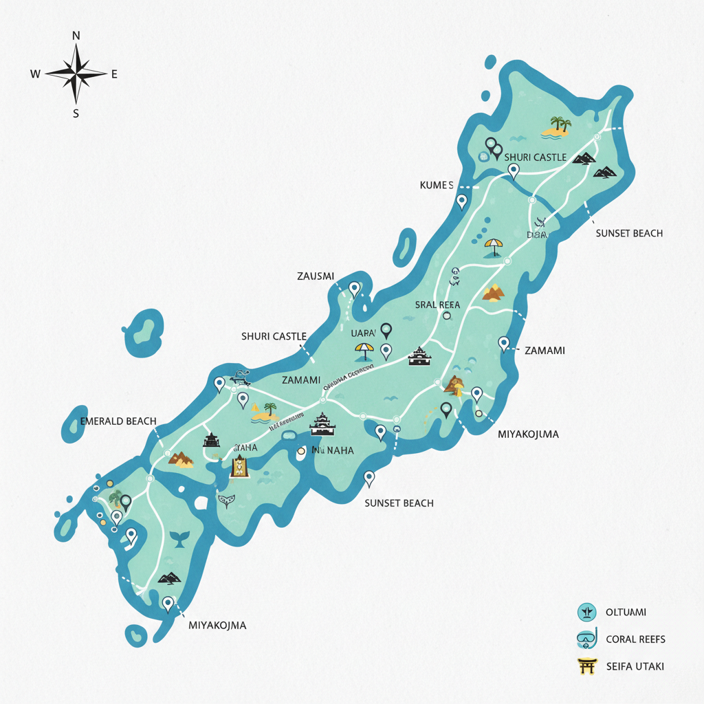 Du Lịch Okinawa: Kinh Nghiệm Tự Túc, Địa Điểm Vui Chơi và Chi Phí Chi Tiết 4 Bản đồ Okinawa với các địa điểm du lịch nổi bật được đánh dấu